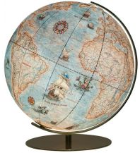 Globes Columbus IMPERIAL Leuchtglobus, 40cm Kugeldurchmesser, 
englisch, handkaschiert, Vintage-Kartenbild mit handgezeichneten Illustrationen, matt messingfarbene Armatur Columbus Globen Verlag Paul Oestergaard GmbH